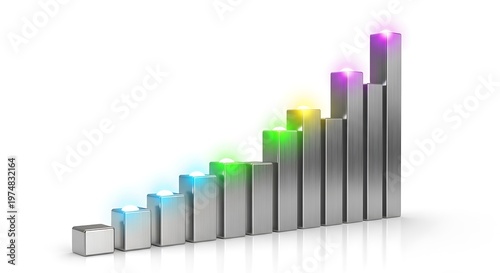 Three dimensional rising metallic bar graph illustration visually demonstrating significant upward growth trends and positive financial performance against a clean white background