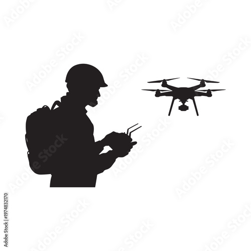 Silhouette of a drone pilot operating a quadcopter with a remote controller