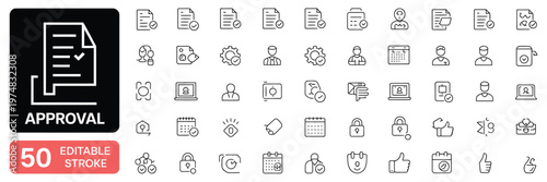 Approval process editable line icons set showing workflow steps, business symbols and task validation for management systems and digital applications.