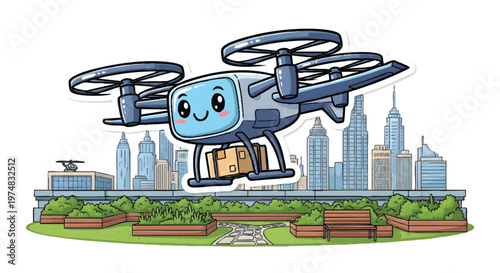 Smiling drone delivering package in city park with skyscrapers