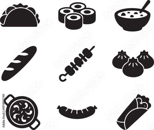 Collection of diverse food icons representing various cuisines and dishes for culinary themes