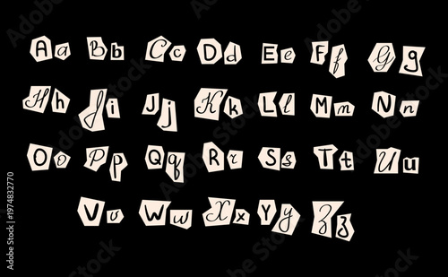 Cutout collage alphabet set with uppercase and lowercase letters, ransom note style font, paper clipping typography kit, creative DIY lettering elements vector