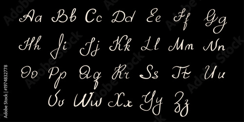 Elegant cursive script alphabet with uppercase and lowercase letters, handwritten calligraphy font set, decorative flowing typography for invitations and branding