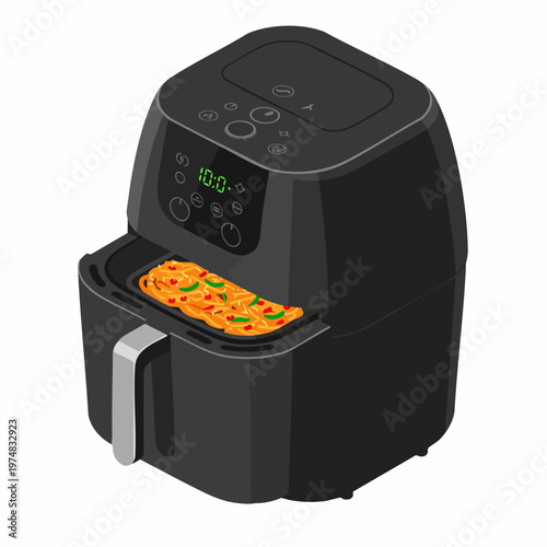 Isometric Detailed Air Fryer Black Appliance Kitchen Cooker Illustration