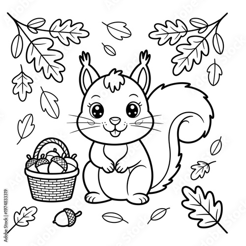 Squirrel with Harvest Basket and Acorns Coloring Page, Autumn Woodland Animal Vector Illustration, Fall Season Activity