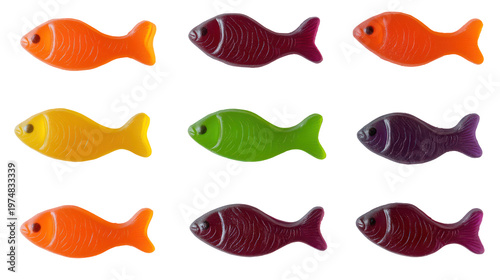 Colorful fish-shaped candies arranged on a transparent background