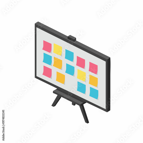 Isometric Style Detailed Whiteboard with Colorful Sticky Notes for Brainstorming Session