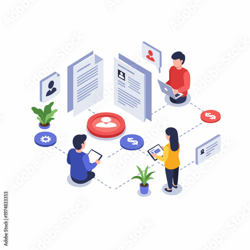 Modern Isometric Recruitment Process Illustration with Connected People and Documents
