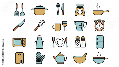 Kitchen Utensils Set: A comprehensive illustrated collection of kitchen tools. The image showcasing a variety of cookware and utensils for home cooking and culinary activities. 