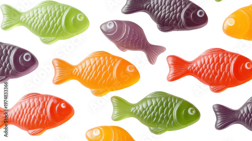 Colorful fish-shaped candies on transparent background
