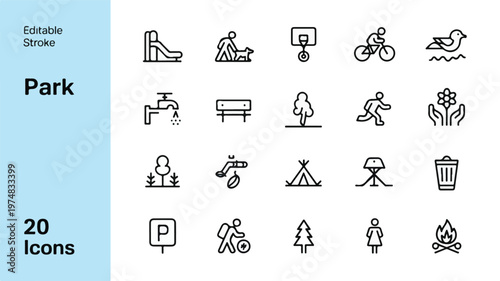 Park Icons: A collection of meticulously crafted, modern, and editable stroke line icons related to the essence of a park. It showcases minimalist graphics symbolizing outdoor recreational activities.