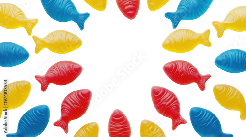 Colorful fish-shaped candies on a transparent background