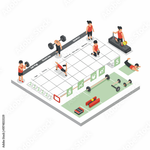 Isometric Detailed Gym Workout Training Plan Fitness Exercise Illustration