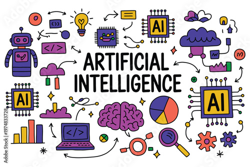 Artificial intelligence concept illustration featuring robot, brain and data elements, symbolizing machine learning, neural networks and digital innovation.