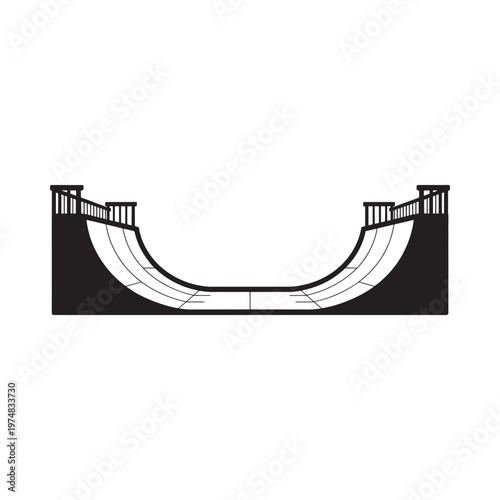 Black and white illustration of a halfpipe skatepark ramp design