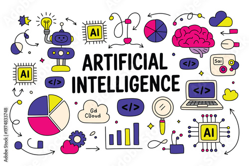 Artificial intelligence concept illustration featuring robot, brain and data elements, symbolizing machine learning, neural networks and digital innovation.