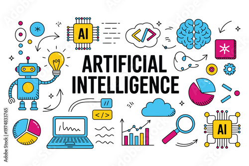 Artificial intelligence concept illustration featuring robot, brain and data elements, symbolizing machine learning, neural networks and digital innovation.