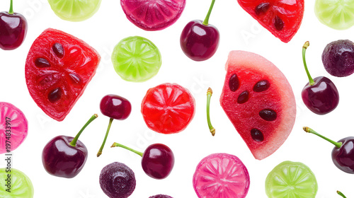 A colorful assortment of fruit-flavored candies on transparent background
