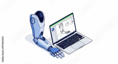 Isometric Illustration of a Robotic Prosthetic Arm Being Designed on a Laptop with 3D CAD Software, Symbolizing Medical Engineering and Innovation