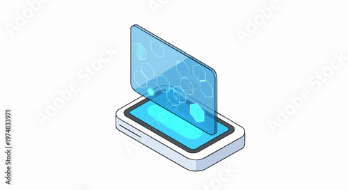 3D Isometric Smartphone with Futuristic Holographic Interface and Hexagonal Data Display on White Background