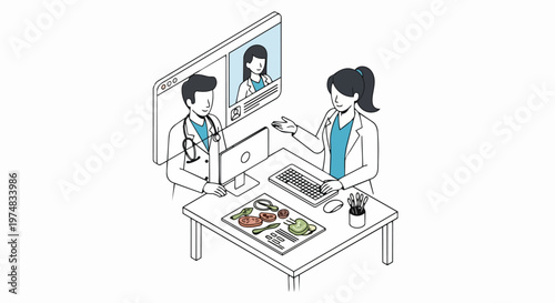 Isometric Telemedicine Nutrition Consultation: Doctors Discussing Healthy Diet and Wellness via Virtual Video Conference Call on White Background