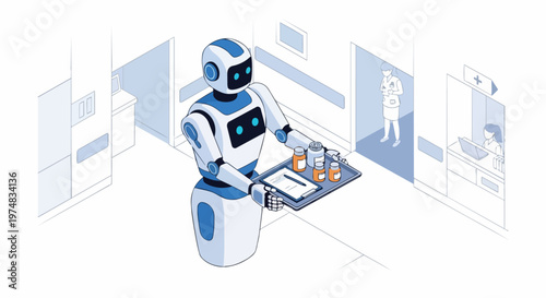 AI Medical Robot Assistant Delivering Medication in Modern Hospital - Isometric Vector Illustration
