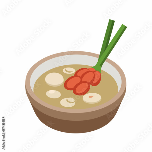 Isometric Delicious Bowl of Soup Illustration with Mushroom and Shrimp