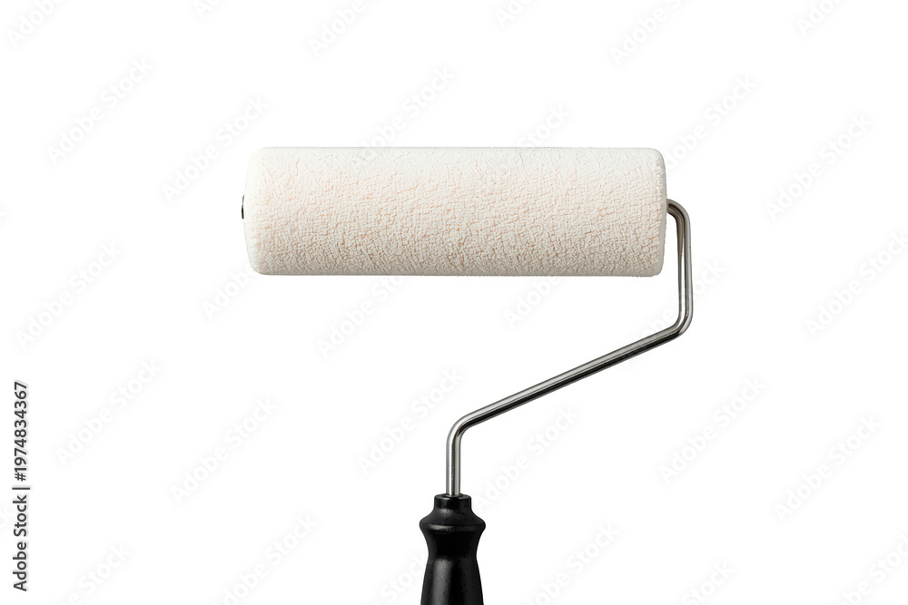 Fototapeta premium Paint roller with white nap and black handle, a construction tool for home renovation and decorating on transparent background