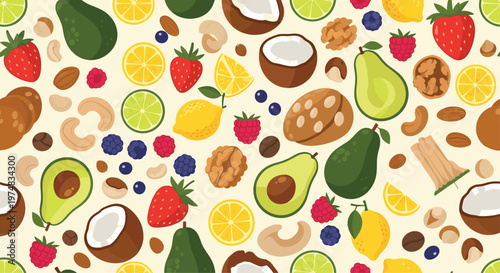 Vibrant seamless pattern depicting an assortment of healthy foods like avocado, coconut, strawberry, nuts, and citrus fruit slices.
