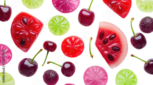 A colorful assortment of fruit and candy on transparent background
