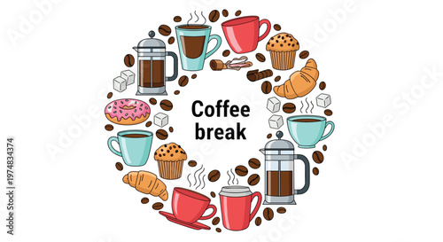 Circular frame design for coffee break with various cups, french press, coffee beans, muffins, croissants, and donuts.