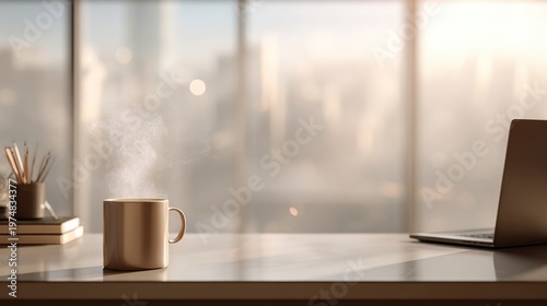 Serene Morning Workspace with Coffee Mug, Laptop and Soft Morning Light Shining through Modern Office Window