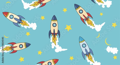 Dynamic seamless pattern for kids featuring colorful rockets, space ships, yellow stars, and clouds on a blue background.