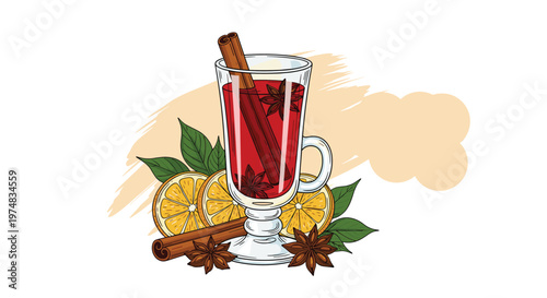 Decorative mulled wine banner with a steaming glass, orange slices, cinnamon sticks, and star anise on a brush stroke.