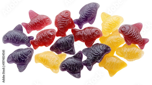 A pile of colorful gummy fish candies on transparent background