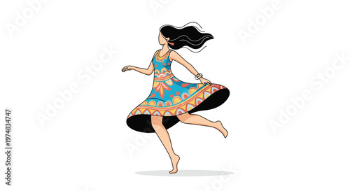 Joyful woman in a patterned dress spins around in a carefree dance movement depicted in a vibrant cartoon style.