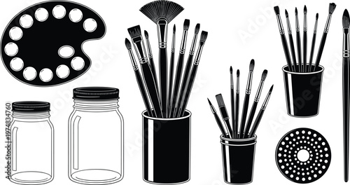 Artist paint brushes and palette vector illustration, art supplies set with jars, painting tools collection, creative studio equipment, black and white design elements