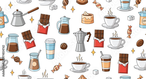Delightful coffee and chocolate pattern features various brewing pots and cups with sweet treats on a white backdrop.