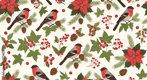 Charming Christmas bullfinch pattern includes red birds perched on pine branches decorated with winter poinsettias.