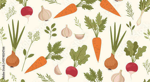 Garden fresh root vegetable pattern depicts carrots and radishes alongside garlic and onions with their green tops.