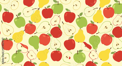 Vibrant fruit pattern displays red and green apples alongside yellow pears with whole and halved fruit illustrations.