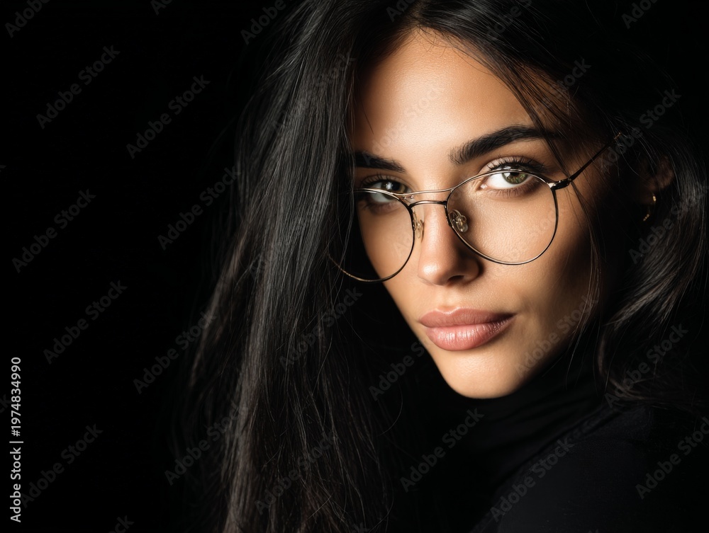 Fototapeta premium studio portrait of a beautiful italian model wearing glasses on a black background