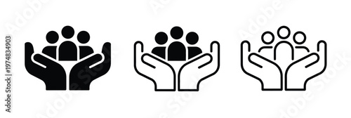 Hands supporting group of people icon representing community care, protection, social welfare, philanthropy, unity support concept, charity help, inclusive society symbol, modern flat design.
