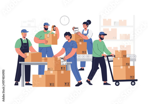 Workers handling cardboard moving boxes.