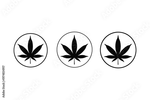 Three black and white cannabis leaf icons in circular frames, isolated on white background, symbolizing natural and medical marijuana concepts.