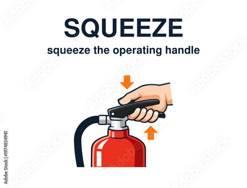 Fire extinguisher instruction: Squeeze the operating handle vector illustration