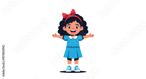 Happy young cartoon girl with curly black hair and a red bow wears a blue dress with her arms wide open.