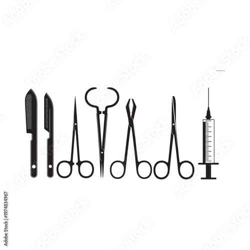 A collection of black surgical instruments including scalpels forceps and a syringe