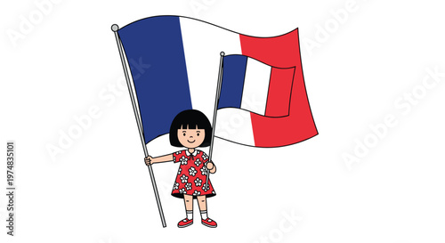Cute cartoon girl wearing a red floral dress happily holding two different sized French national flags on a white background.