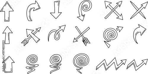 A set of black and white hand-drawn arrow icons featuring outline styles, spiral shapes, crossed designs, and zigzag pointers for creative projects.